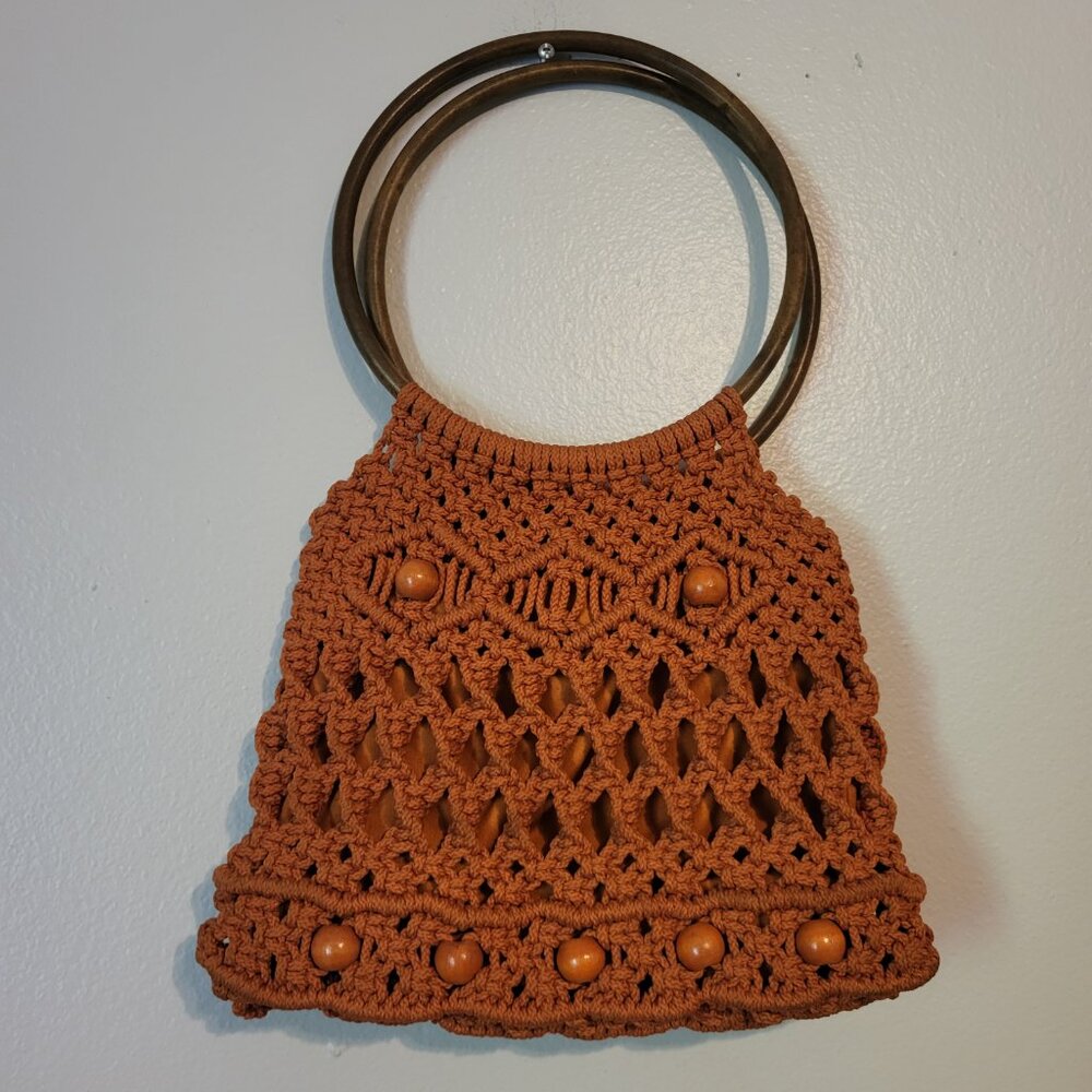 Vintage Orange Rust Beaded Macrame Purse Faux 9-inch round handles nylon lined